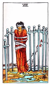 Eight of swords meaning for both upright and reversed position with the Rider Waite tarot deck.