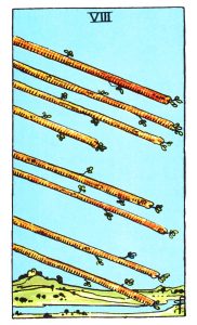 Eight of Wands meaning for upright and reverse positions using the |Rider-Wait tarot deck.