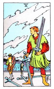 The Five of Swords meaning for upright and reversed positions using the Rider-Wait tarot deck.