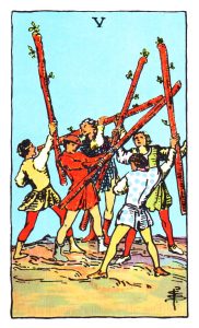 Five of Wands meaning for upright and reversed positions using the Rider-Waite tarot deck.