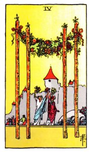 Four of Wands meaning for upright and reversed positions using the Rider-Waite tarot deck.