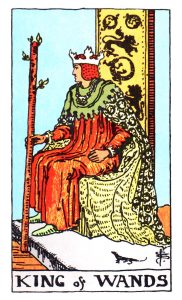 The King of Wands meaning for upright and reversed positions using the Rider-Waite tarot deck.
