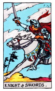 The Knight of Swords meaning for upright and reversed positions using the Rider-Waite tarot deck.