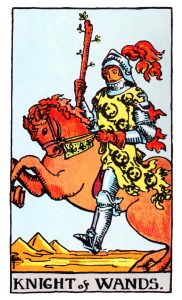 The Knight of Wands meaning for upright and reversed positions, using the Rider-Waite tarot deck.