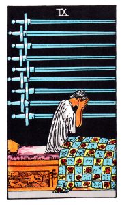 Nine of Swords meaning for upright and reversed positions using the Rider-Waite tarot deck.