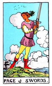 Page of Swords meaning for upright and reversed positions using the Rider-Waite tarot deck.