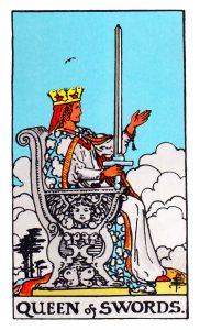Queen of Swords meaning for upright and reversed positions using the Rider-Waite tarot deck.
