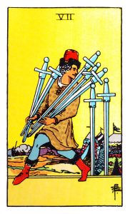 Seven Of Swords meaning for upright and reversed positions using the Rider-Waite tarot deck.