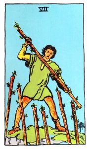 Seven of Wands meaning for upright and reversed positions using the Rider-Waite tarot deck.