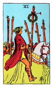 Six of Wands meaning for upright and reversed positions using the Rider-Waite tarot deck.