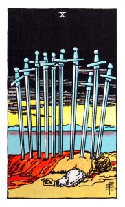 Ten of Swords meaning for upright and reversed positions using the Rider-Waite tarot deck.