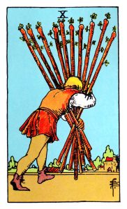 Ten of Wands meaning for upright and reversed positions using the Rider-Waite tarot deck.