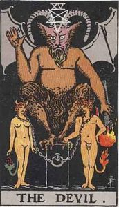 The Devil card meaning for upright and reversed positions using the Rider-Waite tarot deck.