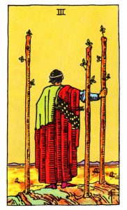 Three of Wands meaning for upright and reversed positions using the Rider-Waite tarot deck.