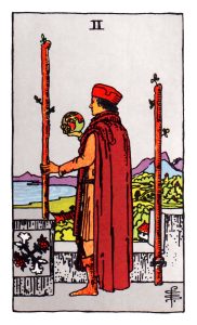 Two of Wands meaning for upright and reversed positions using the Rider-Waite tarot deck.