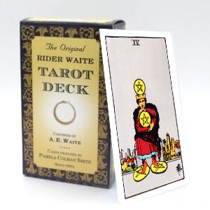 The Four of Pentacles meaning for upright and reversed positions using the Rider-Waite tarot deck.