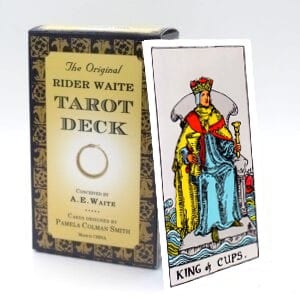 The King of Cups meaning for upright and reversed positions using the Rider-Waite tarot deck.