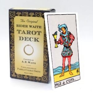 Page of Cups meaning for upright and reversed positions using the Rider-Waite tarot deck.
