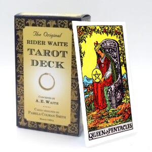 Queen of Pentacles meaning for upright and reversed positions using the Rider-Waite tarot deck.